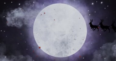 Noel Baba 'nın kızaktaki animasyonu. Ren geyikleri ay ve kırmızı noktalar üzerinde hareket ediyor. Noel, gelenek ve kutlama konsepti dijital olarak oluşturuldu.