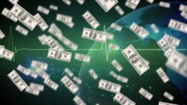 Kalp atış hızı monitörü ve dünya haritasında Amerikan doları banknotlarının animasyonu. küresel iş, finans ve bağlantılar konsepti dijital olarak oluşturulmuş video.