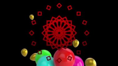 Uçan renkli balonların animasyonu ve siyah arkaplan üzerinde hareket eden kaleydoskopik şekiller. Mutlu yıllar ve dijital olarak üretilen video konsepti.