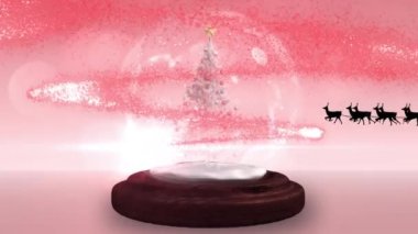 Kırmızı arka planda kar küresi üzerinde ren geyiği olan Noel Baba 'nın kızakta canlandırması. Noel, gelenek ve kutlama konsepti dijital olarak oluşturuldu.