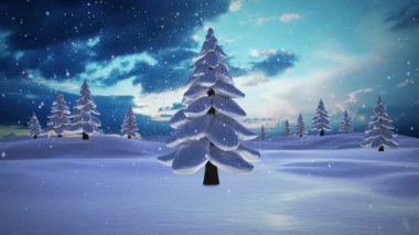 Kış manzarasında birden fazla ağacın üzerine düşen kara karşı birden fazla noel ağacı simgesi. Noel şenliği ve kutlama konsepti