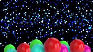 Parlayan ışıkların üzerinde uçan renkli balonların animasyonu. Yeni yıl partisi, noel ve kutlama konsepti dijital olarak oluşturulmuş video.