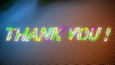Mavi ve turuncu arkaplanda parlayan teşekkür mesajının animasyonu. Video oyunu, eğlence ve dijital arayüz kavramı dijital olarak oluşturuldu.