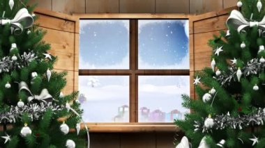 Kış manzarası animasyonu, hediyeler ve pencereden görülen Noel Baba kızağı. Noel, gelenek ve kutlama konsepti dijital olarak oluşturuldu.