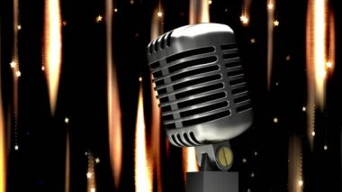 Karanlık arka planda, mikrofonda parlayan kayan yıldızların animasyonu. eğlence, müzik ve kutlama konsepti dijital olarak oluşturulmuş video.