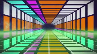 Hareket eden, geometrik, renkli tünelin animasyonu. küresel bağlantılar, veri işleme ve dijital arayüz konsepti dijital olarak oluşturulmuş video.