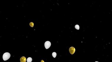 Renkli balonların uçuşması ve konfetilerin siyah arkaplandan düşmesi. Mutlu yıllar ve dijital olarak üretilen video konsepti.