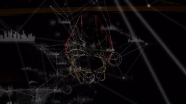 Karışık ırk erkek basketbol oyuncusu üzerinden veri işleme ve bağlantı ağlarının animasyonu. global spor, bağlantılar ve veri işleme kavramı dijital olarak oluşturulmuş video.