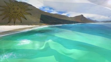 Uruguay bayrağının dijital bileşimi denizdeki dalgaların hava görüntüsüne karşı. Ulusal seyahat ve turizm kavramı