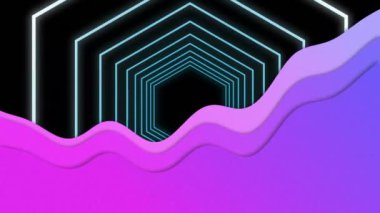 Siyah arkaplandaki parlak yeşil altıgen tünele karşı soyut mor şekiller. küresel ağ ve teknoloji kavramı