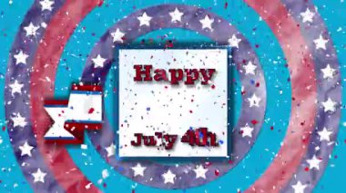 Konfeti 'nin mutlu bağımsızlık mesajları üzerine düşmesi dönen dairelerdeki yıldızlara karşı. Amerikan bağımsızlığı ve kutlama konsepti