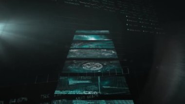 Siyah arkaplanda veri işleme animasyonu. küresel iş, finans, bağlantılar ve dijital arayüz konsepti dijital olarak oluşturulmuş video.