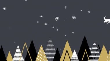 Noel Baba 'nın Noel Baba' sı, ren geyikleri tarafından gri arka planda Noel ağacı ikonlarına karşı çekiliyor. Noel şenliği ve kutlama konsepti