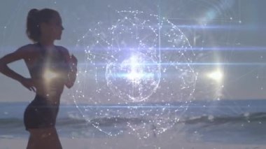 Kumsalda koşan beyaz bir kadın üzerinden dünya ile bağlantı ağlarının animasyonu. global spor, incelik ve sağlıklı yaşam tarzı konsepti dijital olarak oluşturulmuş video.