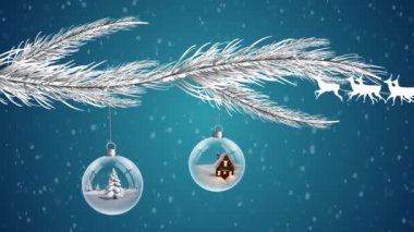 Noel Baba 'nın kızakta, kar üzerinde ren geyiği ve donanma arka planında mücevherlerle canlandırılması. Noel, gelenek ve kutlama konsepti dijital olarak oluşturuldu.