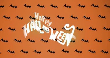 Turuncu arka planda siyah yarasalar üzerinde mutlu Cadılar Bayramı metni animasyonu. Cadılar bayramı geleneği ve dijital olarak oluşturulan kutlama konsepti.