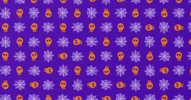 Несколько Черепа Хэллоуина Иконы Паутины Бесшовной Картины Синем Фоне Хэллоуин — стоковое видео