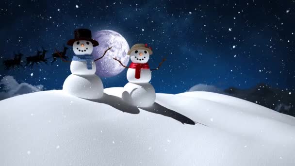 Χιόνι Που Πέφτει Πάνω Από Χιονάνθρωπο Και Χιονάνθρωπο Στο Χειμερινό — Αρχείο Βίντεο
