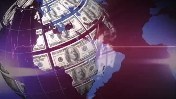 Animatie Van Amerikaanse Dollar Bankbiljetten Wereldbol Draaien Hartslagmeter Wereldkaart Mondiaal — Stockvideo