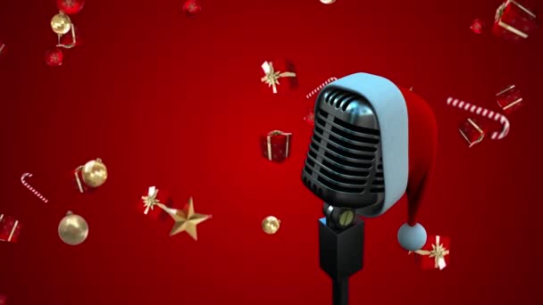 Animação Chapéu Papai Noel Microfone Vintage Com Presentes Natal Caindo — Vídeo de Stock