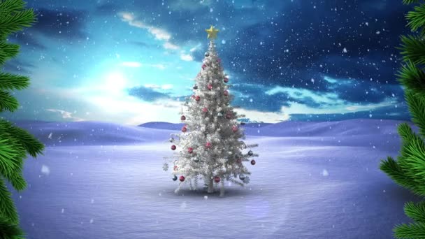 Kerstboom Takken Tegen Sneeuw Vallen Kerstboom Winter Landschap Kerstfeest Viering — Stockvideo