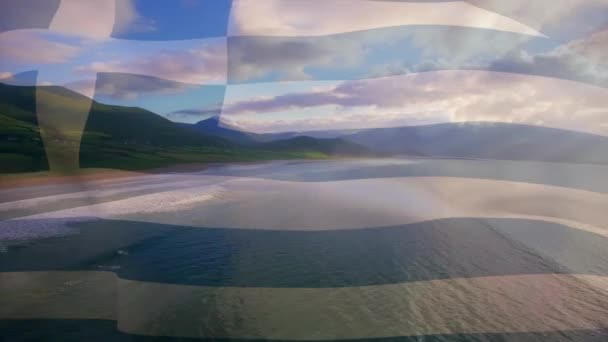 Digital Composition Waving Greece Flag Aerial View Beach Sea National — Stock Video