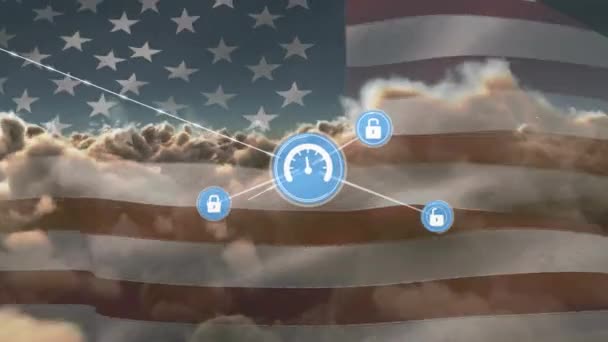 Network Digital Icons Waving Flag Clouds Sky Global Networking Cloud — Stock Video