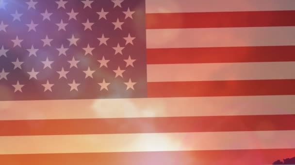 Gelukkige Columbus Dagtekst Amerikaanse Vlag Tegen Landschap Amerikaans Patriottisme Columbus — Stockvideo