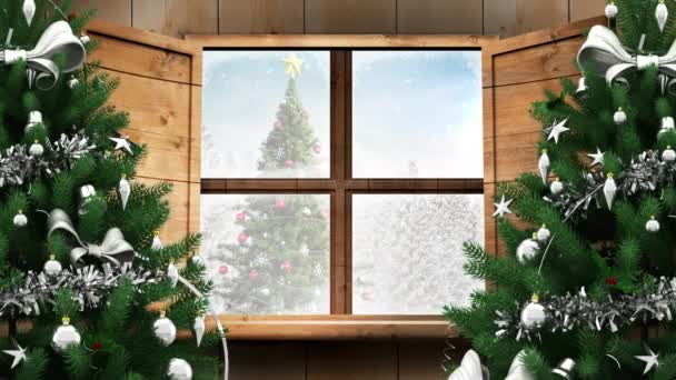 Animation Von Weihnachtsbaum Und Fenster Über Winterlandschaft Weihnachten Winter Tradition — Stockvideo