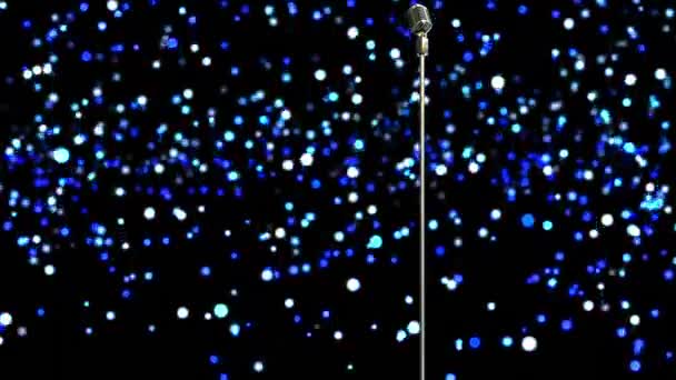 Анимация Летящих Синих Огней Над Микрофоном Темном Фоне Развлекательная Музыкальная — стоковое видео