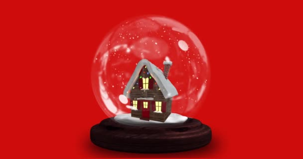 Animación Casa Bola Nieve Sobre Fondo Rojo Navidad Tradición Concepto — Vídeos de Stock
