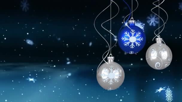 Animation Snowflakes Falling Christmas Baubles Decoration Winter Landscape Christmas Tradition — Stock Video