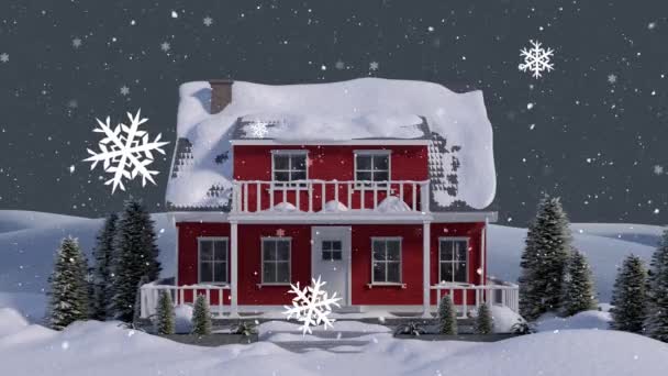Animatie Van Sneeuw Die Huis Valt Het Winterlandschap Kerstmis Winter — Stockvideo