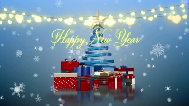 Animation Von Neujahrsgrüßen Weihnachtsbaum Lichtern Und Fallendem Schnee Auf Blauem — Stockvideo