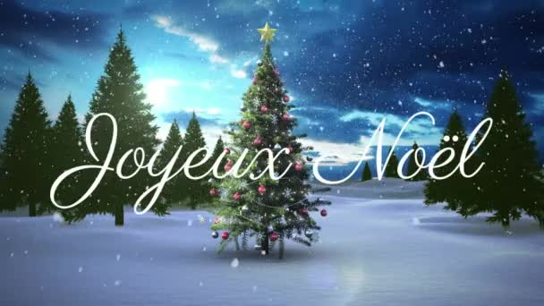 Animación Los Saludos Navidad Joyeux Noel Sobre Árbol Navidad Paisaje — Vídeo de stock