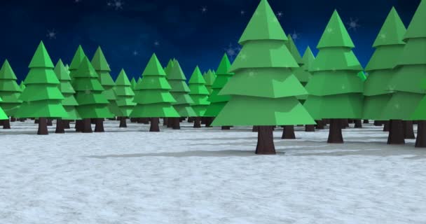 雪が青い背景に冬の風景の上に複数の木の上に落ちる クリスマス フェスティバルとお祝いのコンセプト — ストック動画