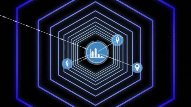Rede Ícones Digitais Contra Neon Azul Brilhante Túnel Hexagonal Sobre — Vídeo de Stock