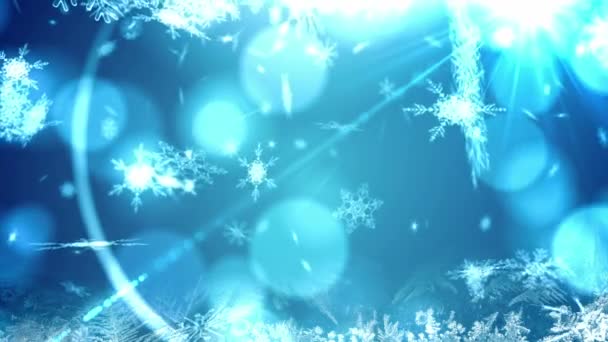 Animation Von Schnee Der Über Blaue Lichterketten Und Den Weihnachtsbaum — Stockvideo