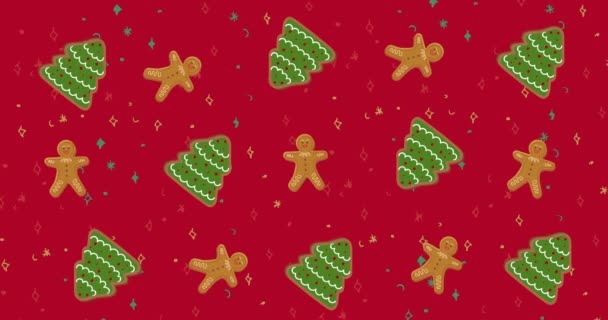 Animatie Van Meerdere Kerstboom Koekje Rode Achtergrond Kerstmis Winter Traditie — Stockvideo