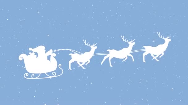 Snow Falling Santa Claus Sleigh Being Pulled Reindeers Blue Background — Stock Video