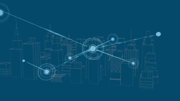 Animación Red Conexiones Procesamiento Datos Sobre Ciudad Sobre Fondo Azul — Vídeo de stock