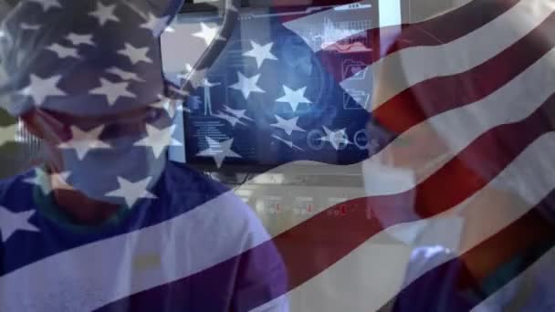 Amerikai Egyesült Államok Zászlójának Animációja Amint Sebészek Felett Integet Műtőben — Stock videók