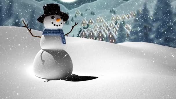 Animation Snö Faller Över Leende Snögubbe Vinterlandskapet Jul Vinter Tradition — Stockvideo