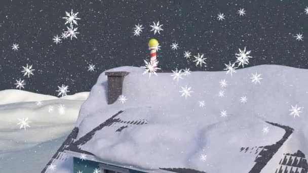 Animación Nieve Cayendo Sobre Techo Casa Paisaje Invierno Navidad Invierno — Vídeos de Stock