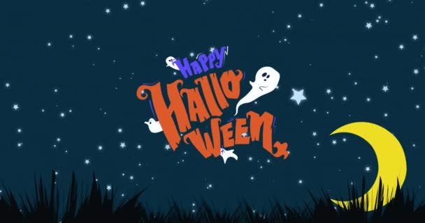 Animación Texto Feliz Halloween Sobre Murciélago Fantasma Cielo Nocturno Halloween — Vídeo de stock