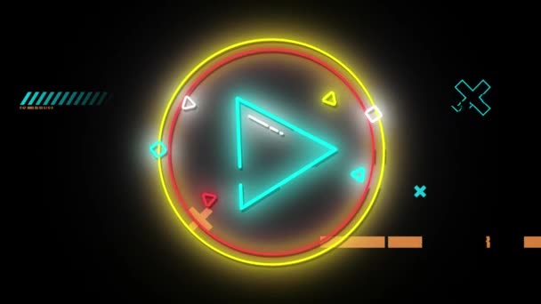 Animation Blue Neon Triangle Yellow Red Rings Crosses Lines Black — Stock Video