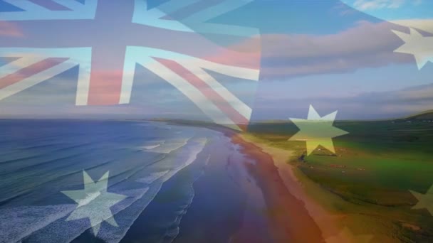 Цифровой Состав Флага Австралии Машущего Против Воздушного Вида Волн Море — стоковое видео
