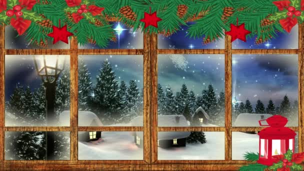 Animación Paisaje Invernal Linterna Casas Vistas Través Ventana Navidad Tradición — Vídeo de stock