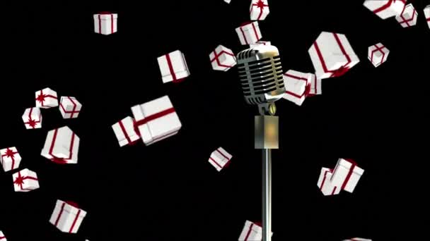 Animation Eines Alten Mikrofons Mit Weihnachtsgeschenken Auf Schwarzem Hintergrund Weihnachten — Stockvideo
