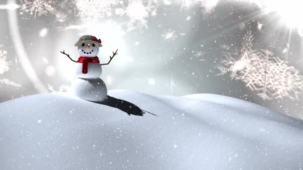 Снег Падает Снеговик Зимнем Ландшафте Против Снежинки Сером Фоне Рождественский — стоковое видео